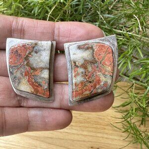 VTG Navajo Phil Zachary Earrings Agatized Petrified Wood Sterling‎ Silver 17.8g